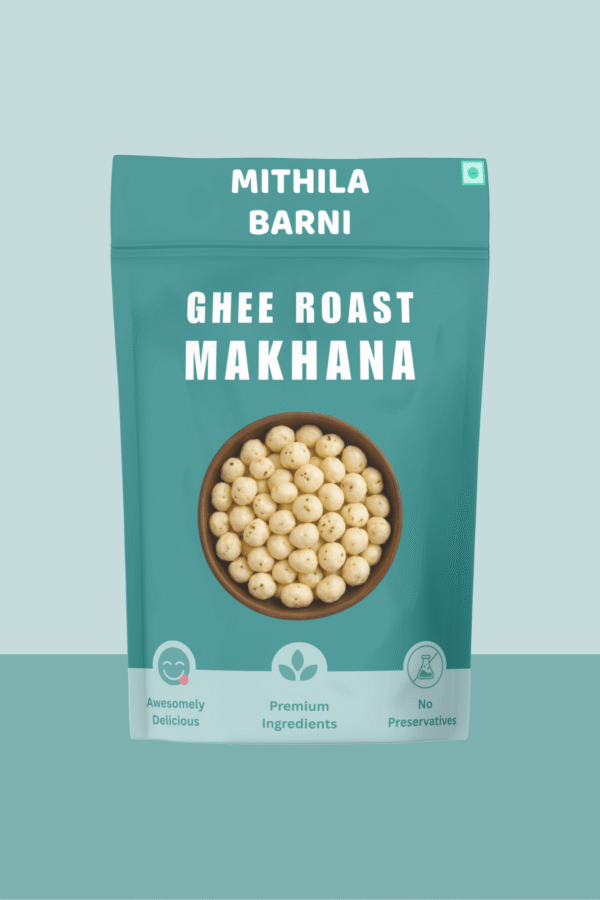 Ghee Roast Makhana in a Stand-Up Pouch: Roasted popped lotus seeds with desi ghee conveniently packed by Mithila Barni.