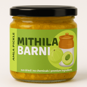 Homemade Aamla Ka Achar in a Glass Jar: Tangy and healthy Indian gooseberry pickle from Mithila Barni.