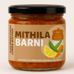 Homemade Carrot, Peas, Green Chilli, Lemon Pickle in a Glass Jar: Tangy and spicy mixed vegetable pickle from Mithila Barni.