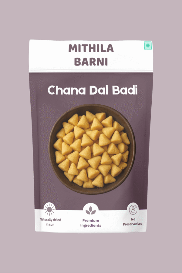 Homemade Chana Dal Badi Adauri in a Stand-Up Pouch: Traditional sun-dried split chickpea lentil dumplings from Mithila Barni.