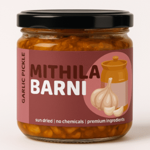 Homemade Garlic Pickle (Lahsun Ka Achar) in a Glass Jar: Flavorful and aromatic garlic pickle from Mithila Barni.