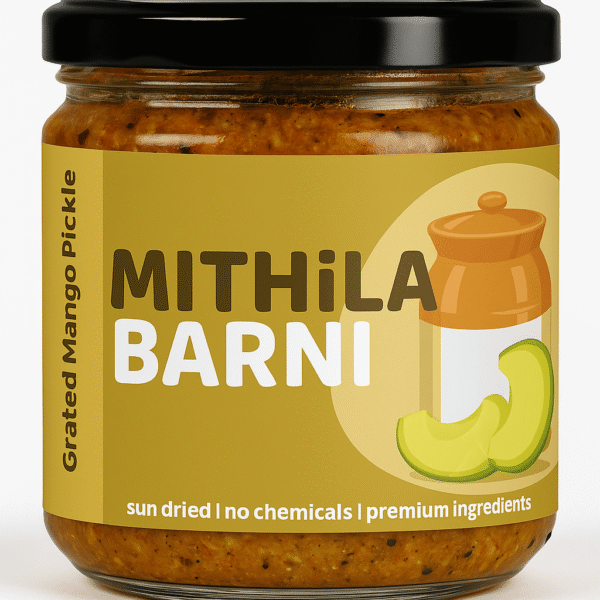 Homemade Grated Mango Pickle (Aam Ka Kuccha Achar) in a Glass Jar: Tangy and spicy grated raw mango pickle from Mithila Barni.