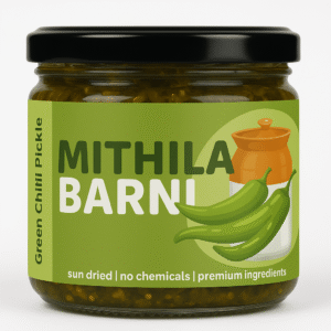 Homemade Green Chilli Pickle (Hari Mirch Ka Achar) in a Glass Jar: Spicy and tangy green chilli pickle from Mithila Barni.