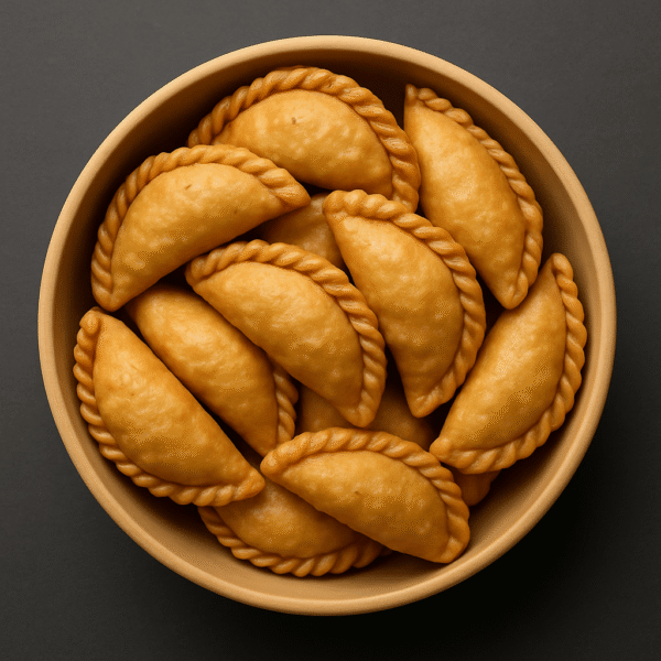 Homemade Gujiya in a Bowl: Sweet and flaky filled snack, a traditional treat popular in UP and Bihar region of North India by Mithila Barni.