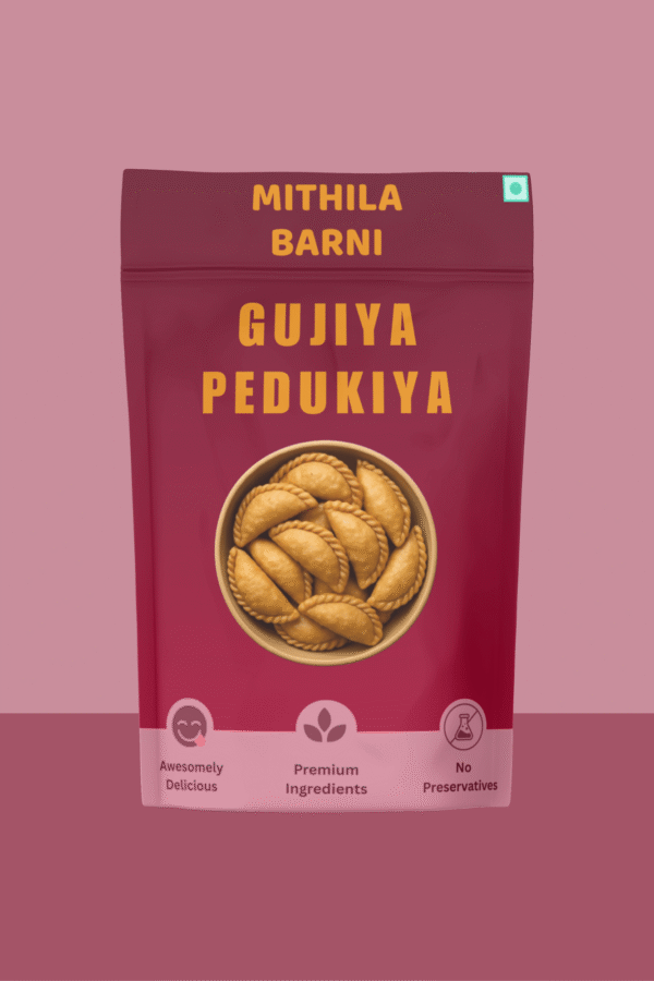 Homemade Gujiya (Pedukiya) Snacks in a Stand-Up Pouch: Sweet and rich with khoya, a traditional treat from Mithila Barni.