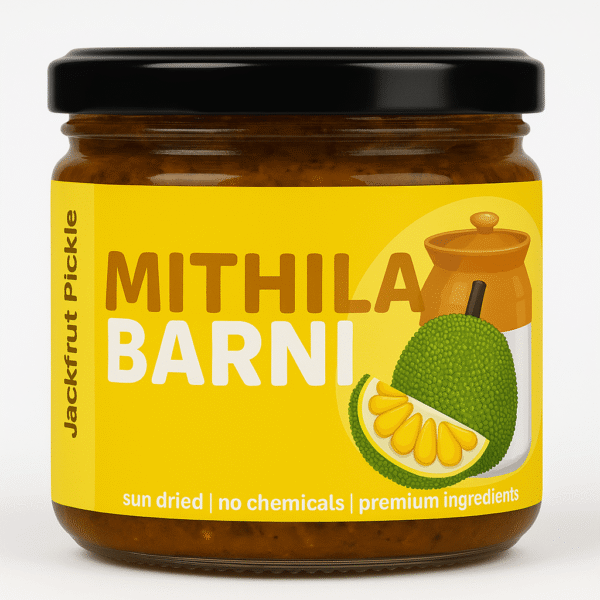 Homemade Jackfruit Pickle (Kathal Ka Achar) in a Glass Jar: Tangy and flavorful raw jackfruit pickle from Mithila Barni.