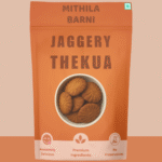 Homemade Jaggery Thekua in a Stand-Up Pouch: Traditional sweet wheat cookies made with jaggery, a healthy treat from Mithila Barni.
