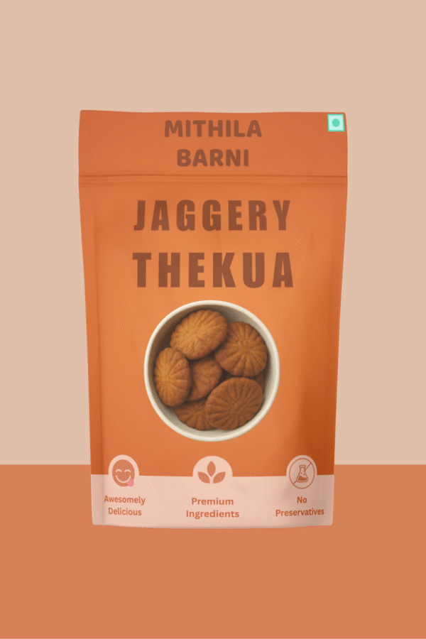 Homemade Jaggery Thekua in a Stand-Up Pouch: Traditional sweet wheat cookies made with jaggery, a healthy treat from Mithila Barni.