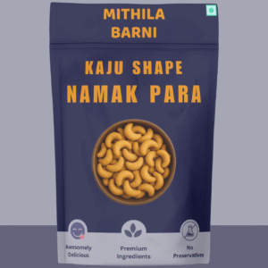 Homemade Kaju Shape Namak Para in a Stand-Up Pouch: Savory and crispy cashew-shaped North Indian crackers, conveniently packed by Mithila Barni.