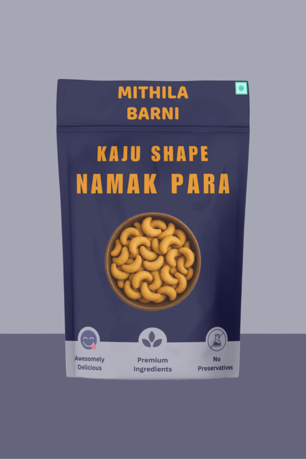 Homemade Kaju Shape Namak Para in a Stand-Up Pouch: Savory and crispy cashew-shaped North Indian crackers, conveniently packed by Mithila Barni.