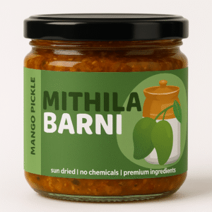 Homemade Mango Pickle (Aam Ka Achar) in a Glass Jar: Tangy and flavorful raw mango pickle from Mithila Barni.
