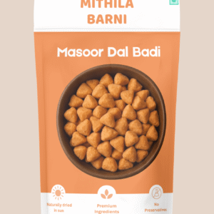 Homemade Masoor Dal Badi (or Adauri) in a Stand-Up Pouch: Traditional sun-dried red lentil dumplings/crispies made from Masoor Dal from Mithila Barni.