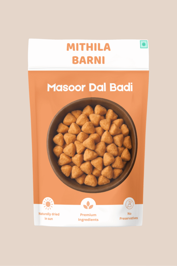 Homemade Masoor Dal Badi (or Adauri) in a Stand-Up Pouch: Traditional sun-dried red lentil dumplings/crispies made from Masoor Dal from Mithila Barni.