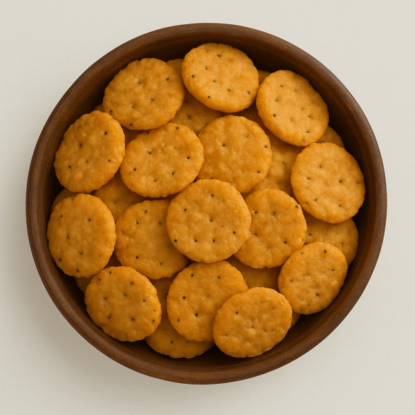 Homemade Mathri Snacks in a Bowl: Crispy and flaky North Indian crackers, a traditional snack from Mithila Barni.