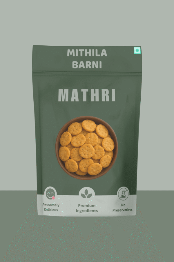 Homemade Mathri Snacks in a Stand-Up Pouch: Crispy and flaky North Indian crackers, conveniently packed by Mithila Barni.