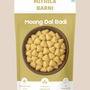 Homemade Moong Dal Badi (Mongodi) in a Stand-Up Pouch: Traditional sun-dried split yellow lentil dumplings made of moong dal from Mithila Barni.