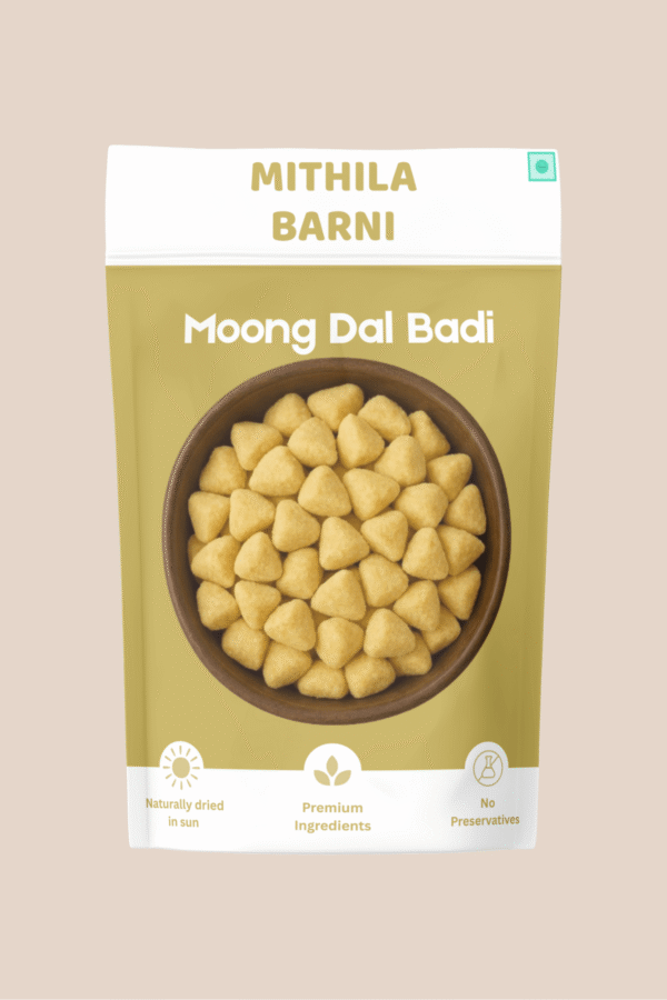 Homemade Moong Dal Badi (Mongodi) in a Stand-Up Pouch: Traditional sun-dried split yellow lentil dumplings made of moong dal from Mithila Barni.