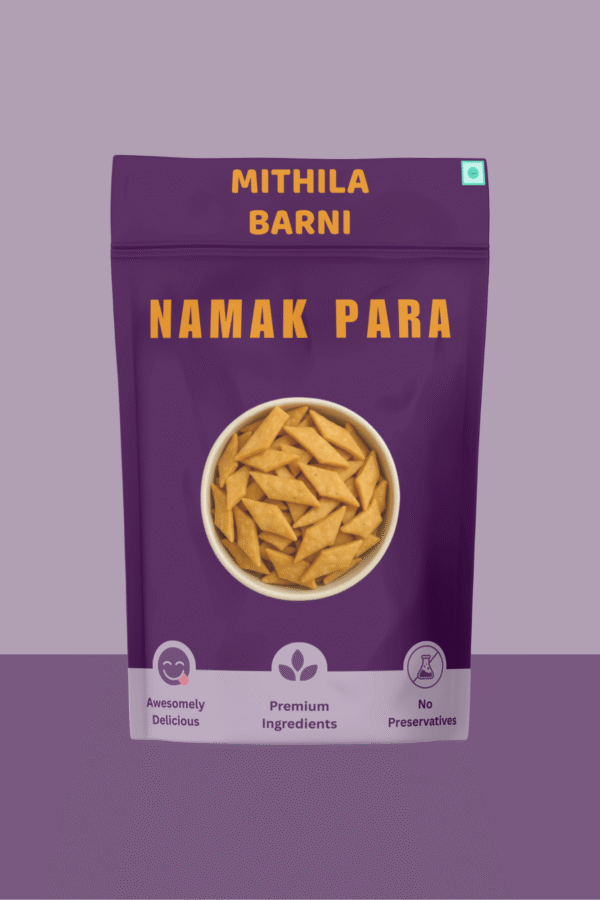 Homemade Namak Para in a Stand-Up Pouch: Savory and crispy North Indian crackers, conveniently packed by Mithila Barni.