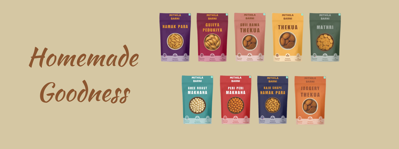 Mithila Barni Homemade Snacks Banner: Featuring a delicious assortment of traditional North Indian treats like Mathri, Namak Para, Gujiya, Thekua, Makhana, and more from the Mithila region of Bihar