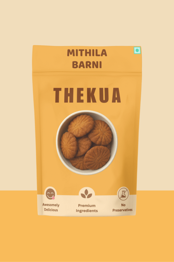 Homemade Thekua in a Bowl: Traditional sweet wheat cookies from Bihar, offered by Mithila Barni.