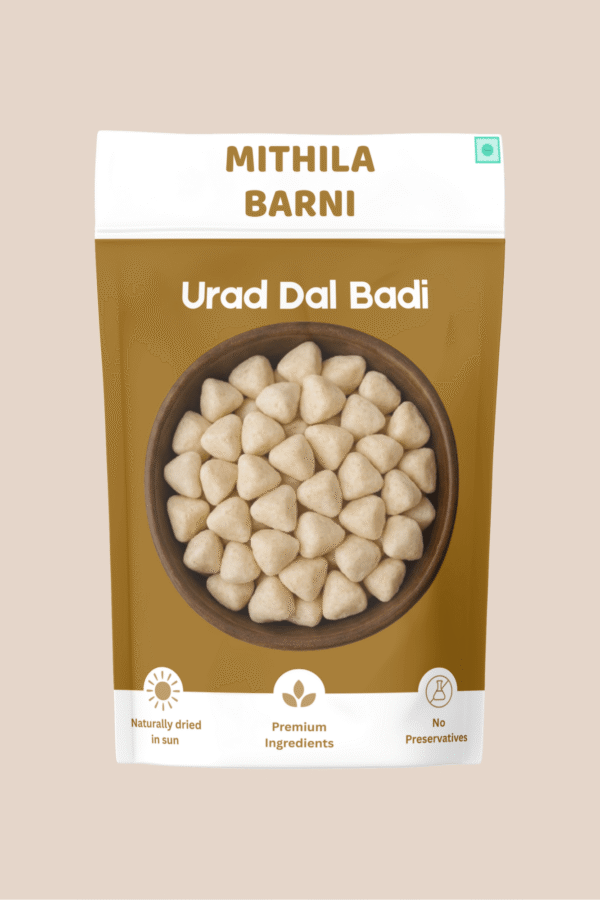 Homemade Urad Dal Badi (or Adauri) in a Stand-Up Pouch: Traditional sun-dried black lentil dumplings/crispies from Mithila Barni.