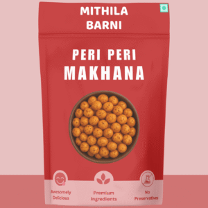Peri Peri Makhana in a Stand-Up Pouch: Spicy and crunchy popped lotus seeds snack, conveniently packed by Mithila Barni.